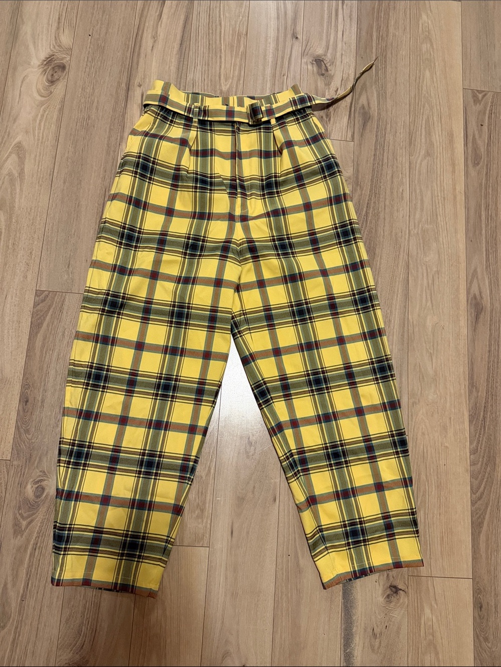 Yellow Plaid High-Waist Trousers